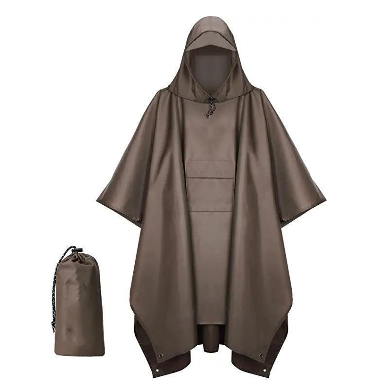Brown 3-in-1 Waterproof Rain Poncho - Lightweight Hooded Raincoat, Ground Tarp &amp; Emergency Shelter for Hiking, Camping, and Outdoor Survival
