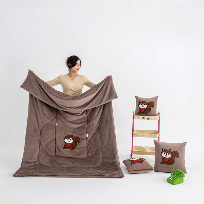Coffee Brown Little Squirrel - 2-in-1 Foldable Car Pillow Blanket - Cozy 40x40cm Pillow, Unfolds to 100x150cm Blanket for Travel and Office Naps