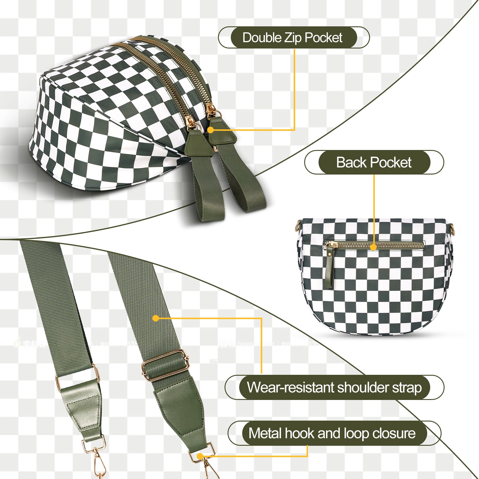 Coffee White Checkered Trendy Sling Bag - Women's Crescent Crossbody Purse with Wide Adjustable Strap