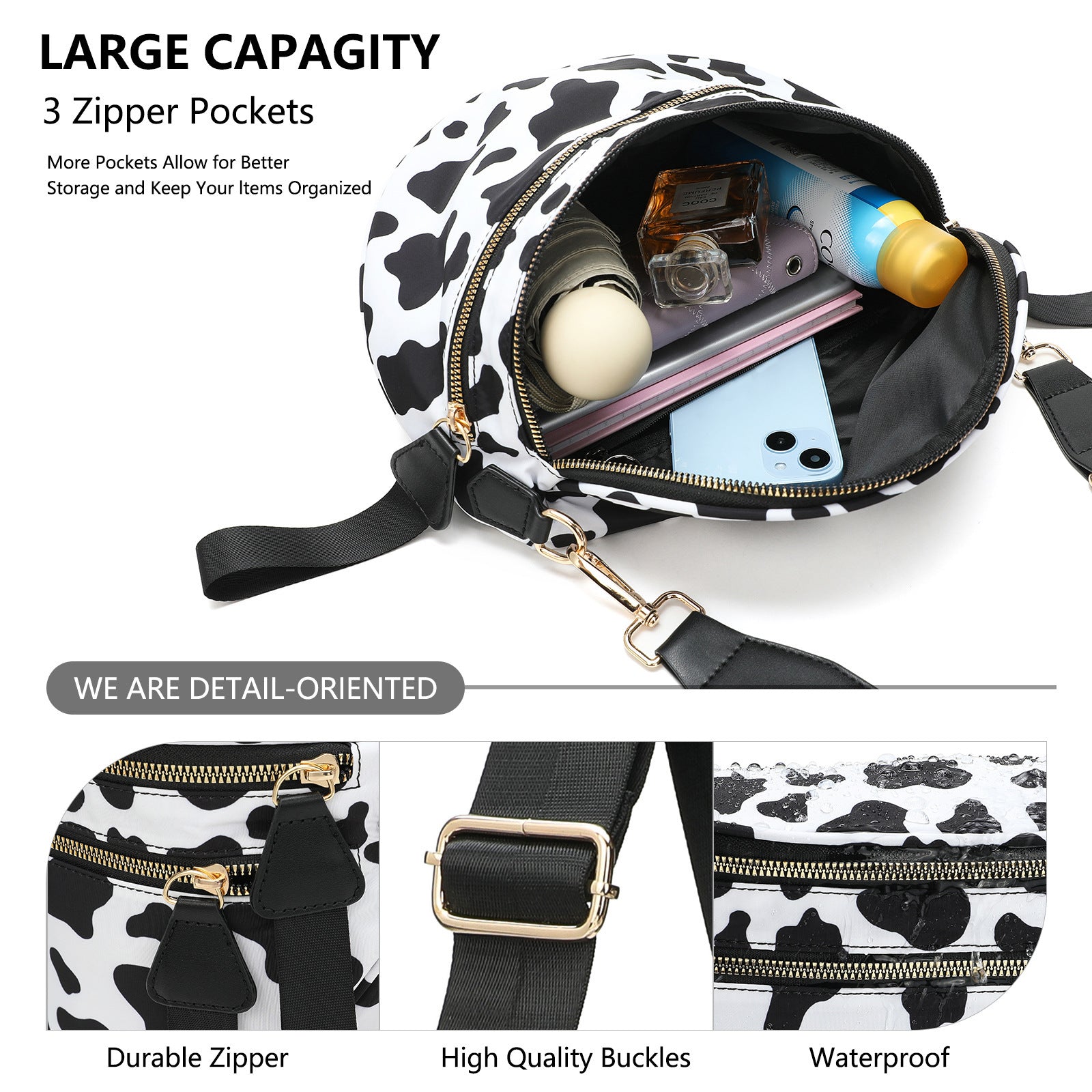 Coffee White Checkered Trendy Sling Bag - Women's Crescent Crossbody Purse with Wide Adjustable Strap