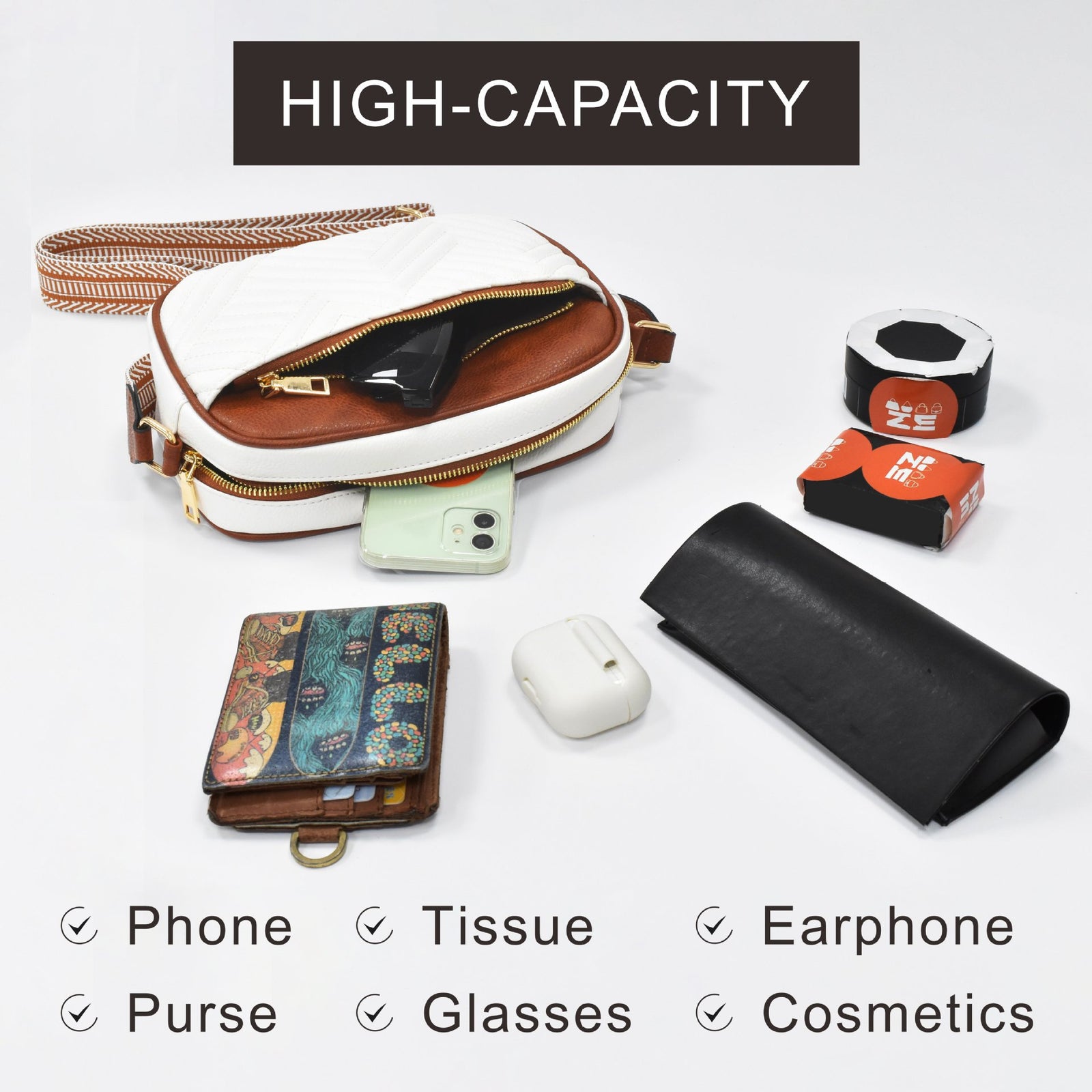 Double Zipper White Brown Chic Quilted Crossbody Bag - Vintage PU Leather Shoulder Purse with Adjustable Strap