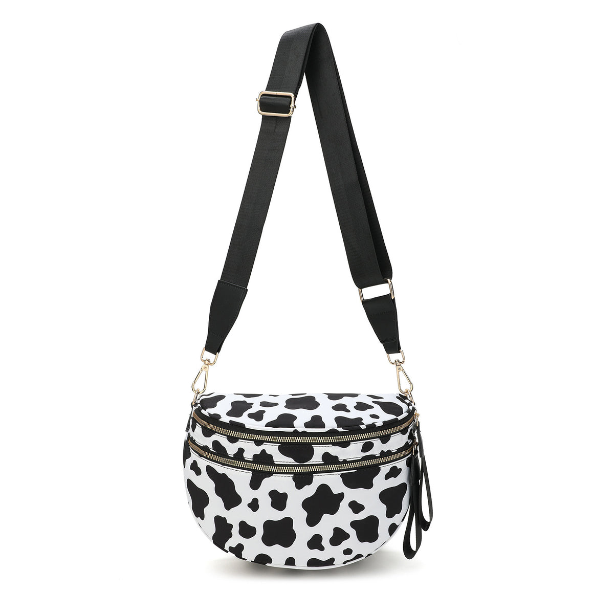 Black-white Cow Checkered Trendy Sling Bag - Women's Crescent Crossbody Purse with Wide Adjustable Strap