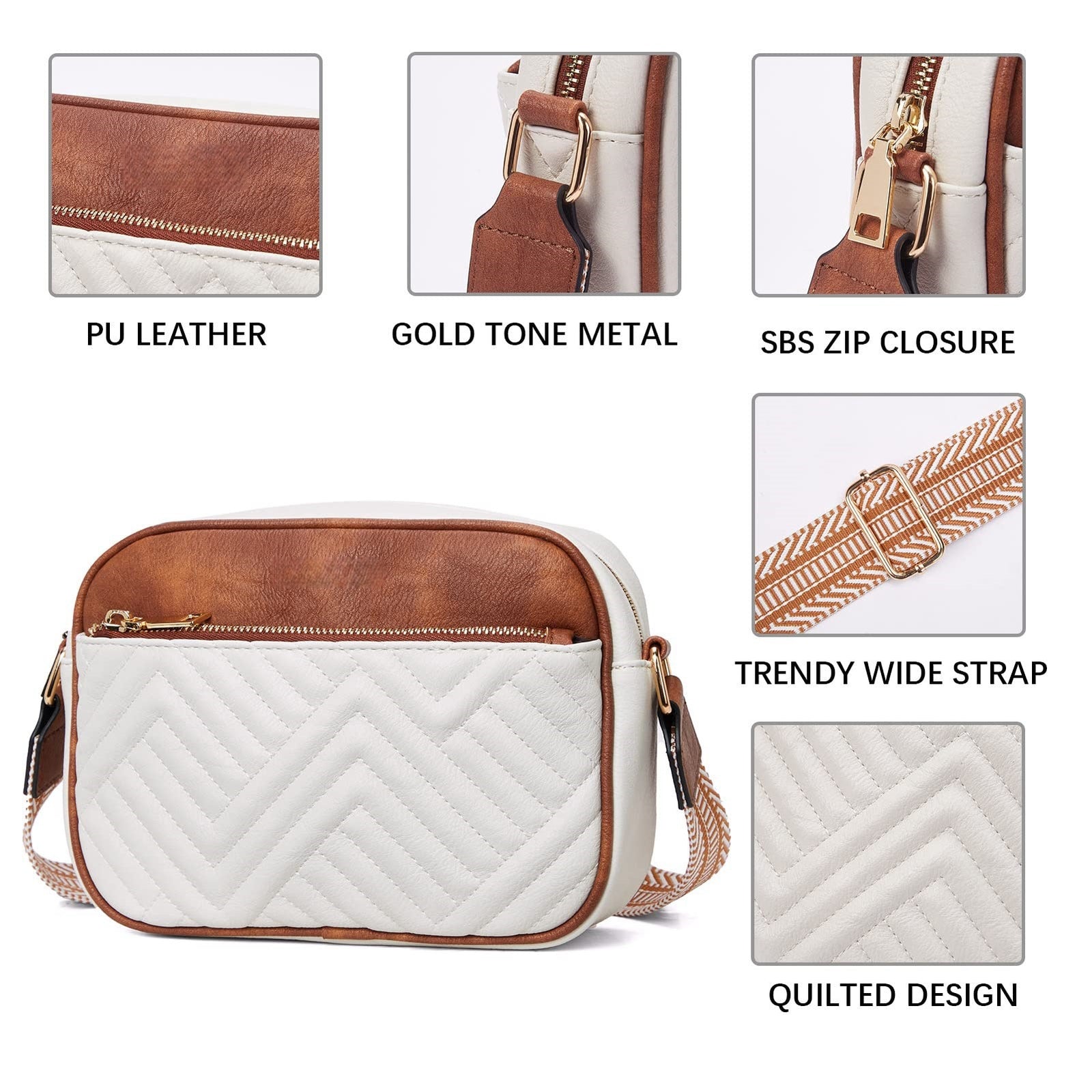 Double Zipper Black White Brown Chic Quilted Crossbody Bag - Vintage PU Leather Shoulder Purse with Adjustable Strap