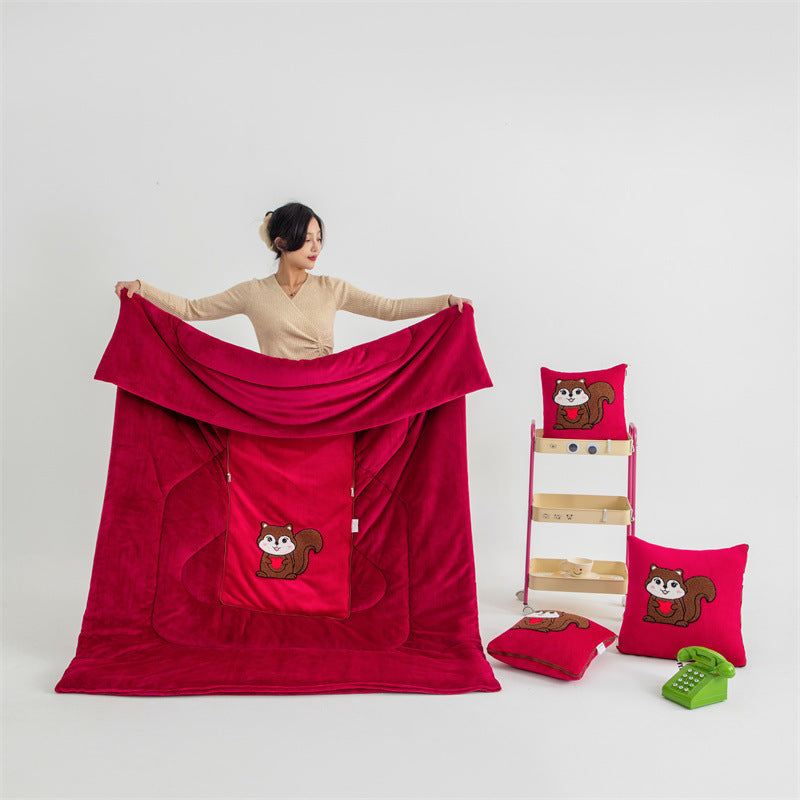 Red Little Squirrel - 2-in-1 Foldable Car Pillow Blanket - Cozy 40x40cm Pillow, Unfolds to 100x150cm Blanket for Travel and Office Naps
