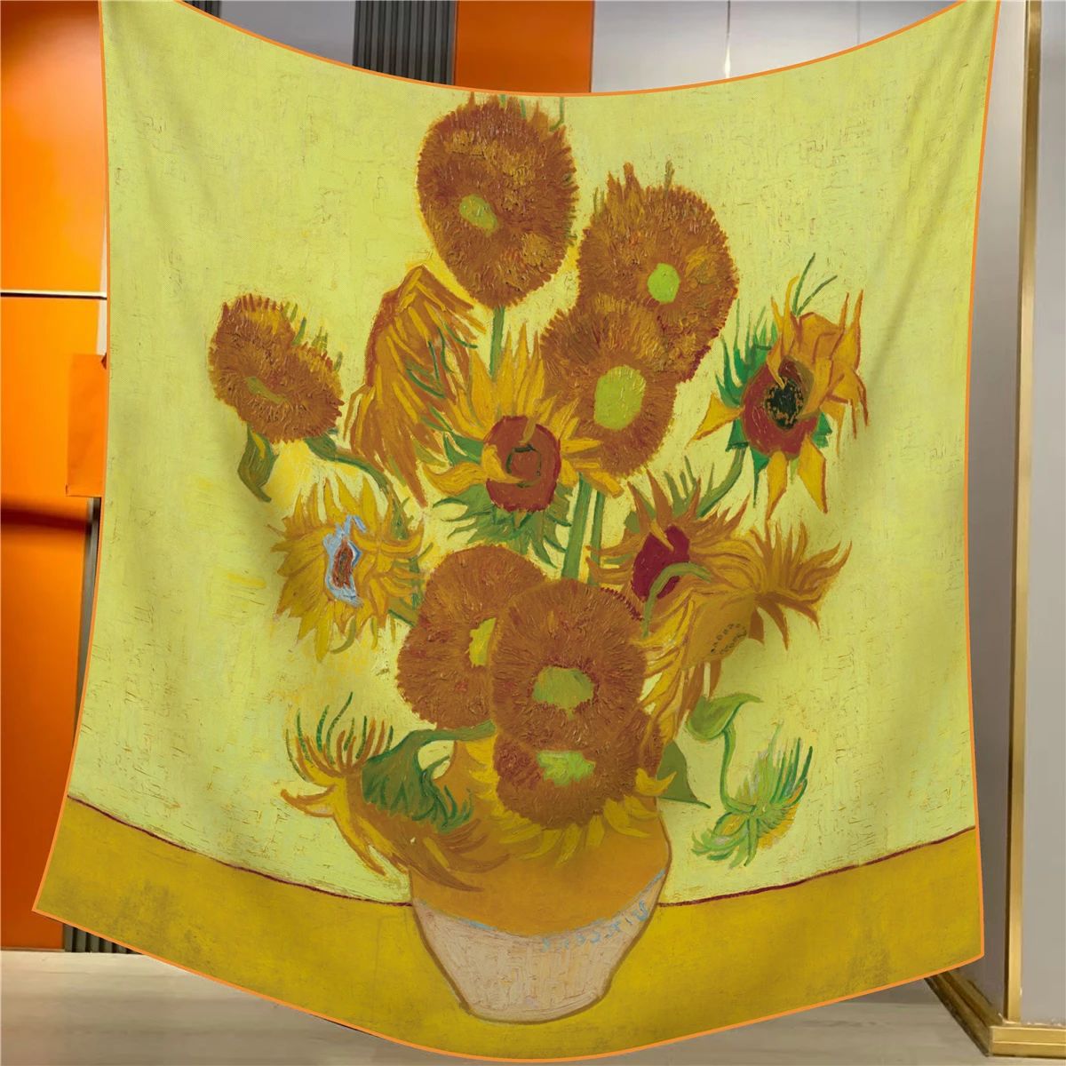 Sunflowers Elegant Artistry Shawl - Large 130cm Square Scarf with Oil Painting Print &amp; Hand-Rolled Hem