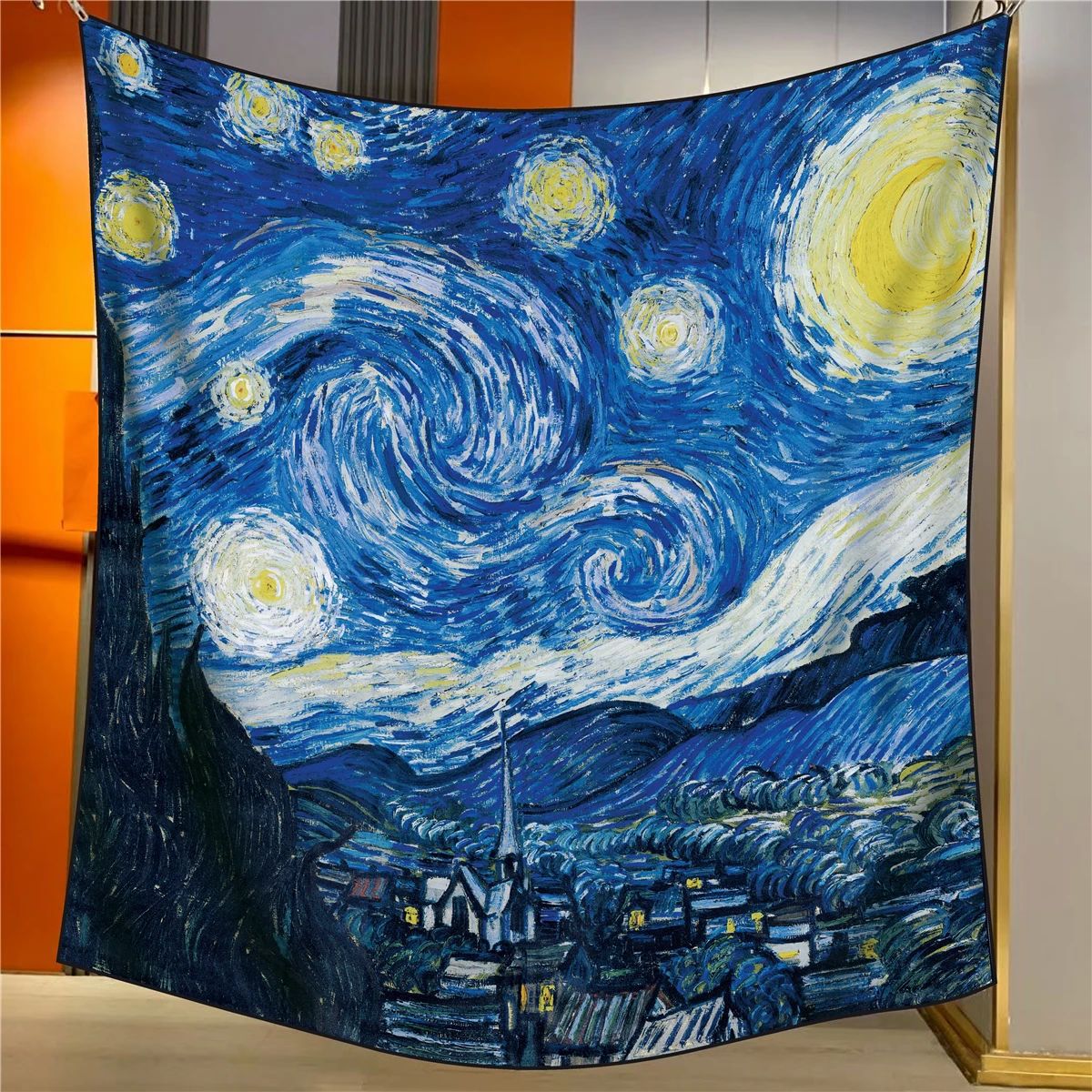 Stars Elegant Artistry Shawl - Large 130cm Square Scarf with Oil Painting Print &amp; Hand-Rolled Hem
