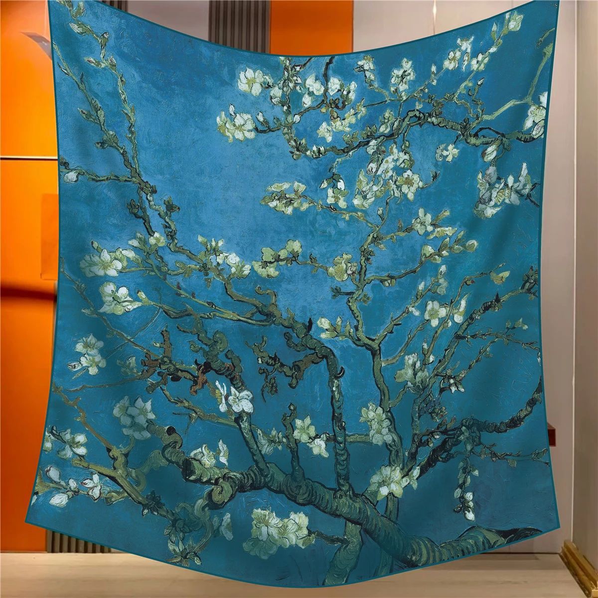 Almonds Elegant Artistry Shawl - Large 130cm Square Scarf with Oil Painting Print &amp; Hand-Rolled Hem
