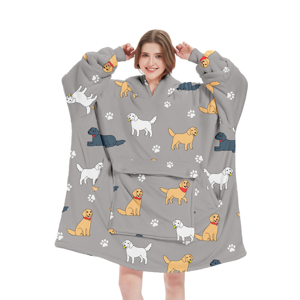 Grey Dog Pattern Oversized Wearable Blanket Hoodie - Ultra Soft &amp; Cozy Snuggle Pullover for Adults