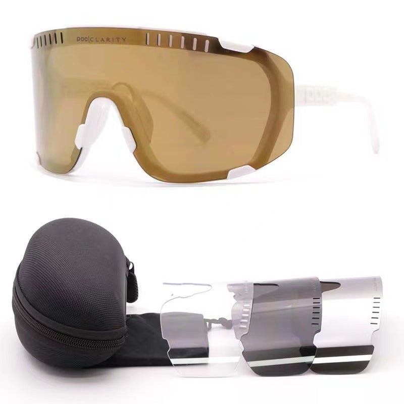White Frame Tea Gold Tablet Oversized Shield Cycling Sunglasses - Wide Vision UV400 Sports Eyewear for Road &amp; MTB