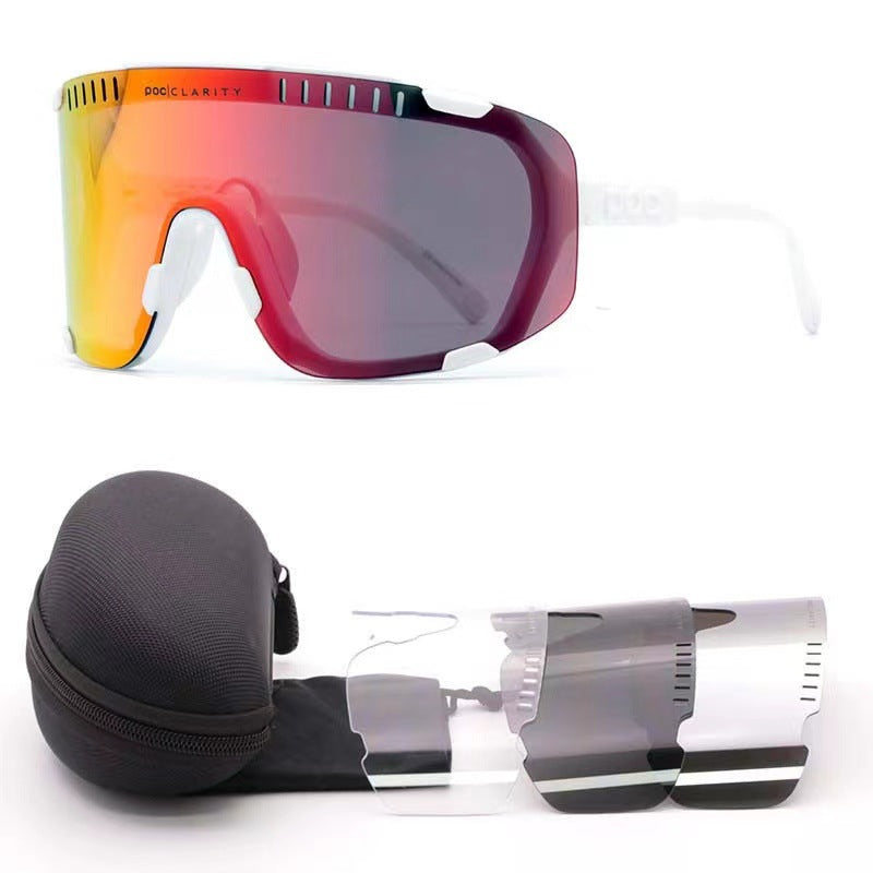 White Frame Red Tablet Oversized Shield Cycling Sunglasses - Wide Vision UV400 Sports Eyewear for Road &amp; MTB