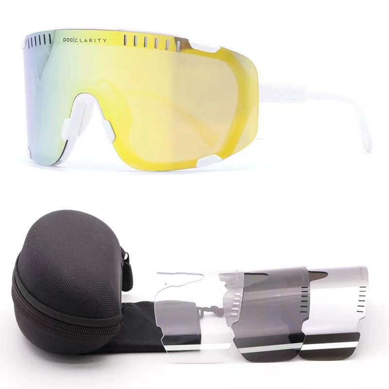 White Frame Gold Tablet Oversized Shield Cycling Sunglasses - Wide Vision UV400 Sports Eyewear for Road &amp; MTB