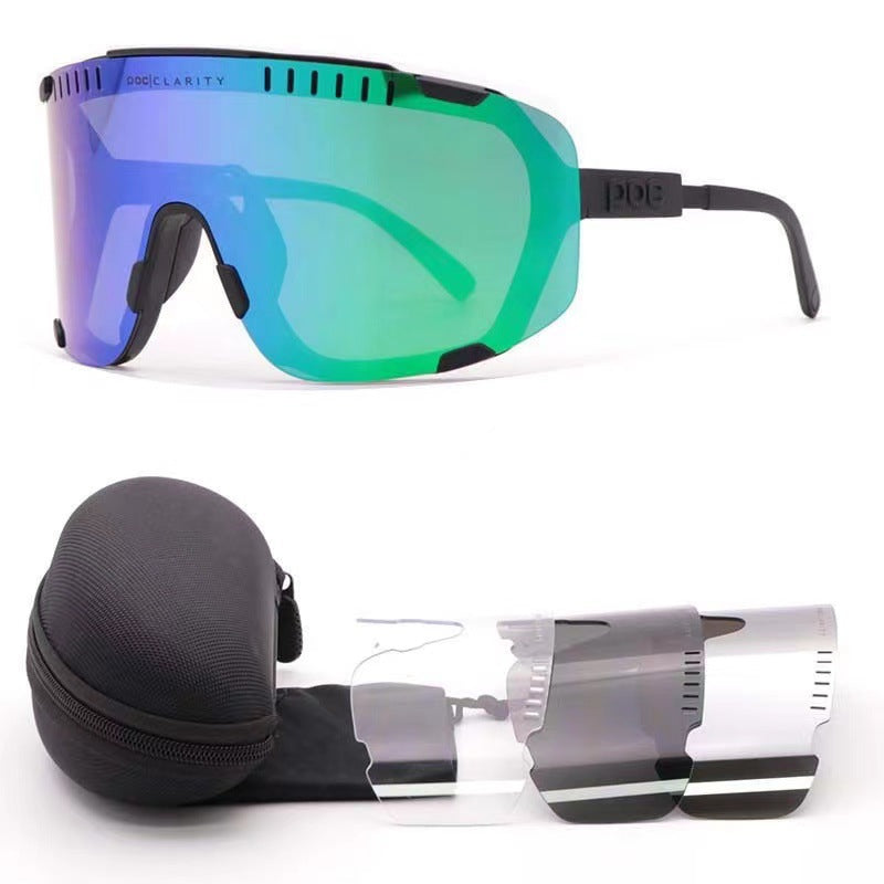 Black Frame Green Tablet Oversized Shield Cycling Sunglasses - Wide Vision UV400 Sports Eyewear for Road &amp; MTB