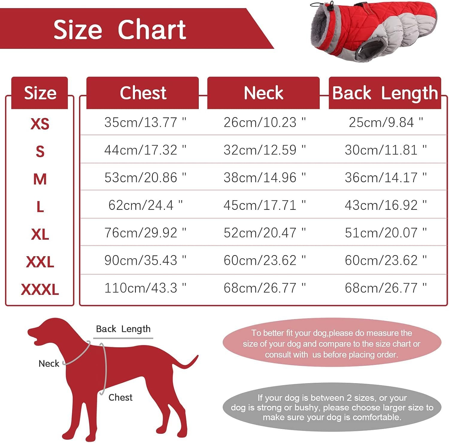 XS Red Grey Premium Winter Puffer Dog Coat - Windproof & Fleece-Lined Jacket for Cold Weather