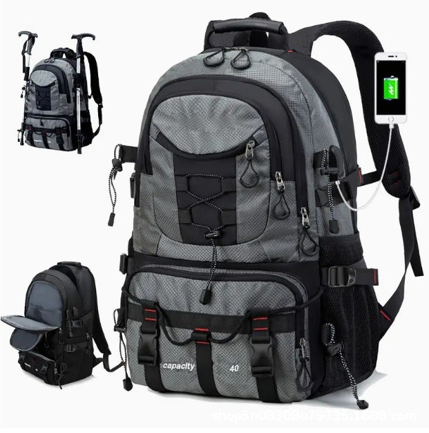 Grey 40L Large Capacity Travel Backpack - Water-Resistant Hiking Rucksack with USB Charging Port