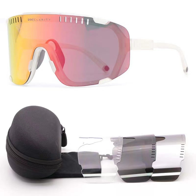 Sandy White Frame With Red Flakes Oversized Shield Cycling Sunglasses - Wide Vision UV400 Sports Eyewear for Road &amp; MTB