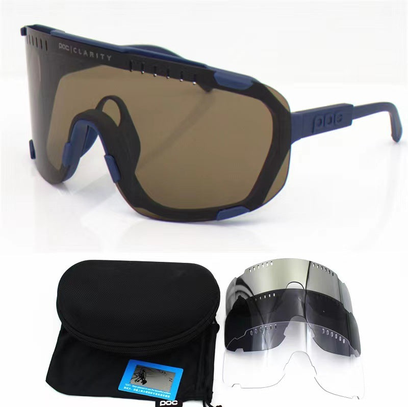 Dark Blue Frame Tea Chips Oversized Shield Cycling Sunglasses - Wide Vision UV400 Sports Eyewear for Road &amp; MTB