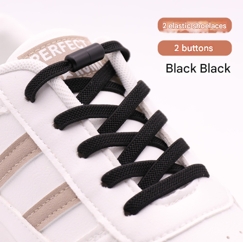 Black No-Tie Elastic Shoelaces with Quick Lock System - Flat Tieless Laces for Kids and Adults