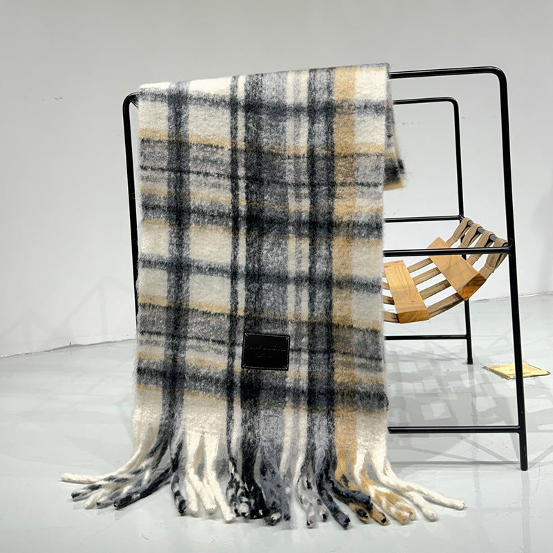 Grey-white Plaid Color-Block Women's Scarf - Autumn/Winter Thick Warm Neck Wrap with Tassels