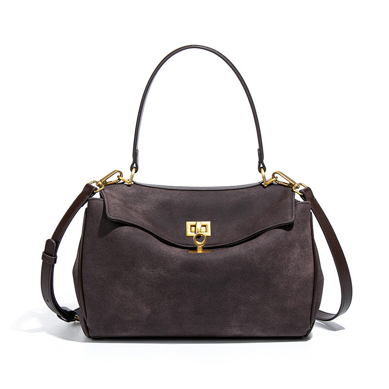 Coffee Women&#39;s Vintage Suede Satchel Bag - Elegant Top Handle Purse with Gold Lock