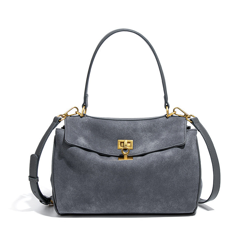 Grey Women's Vintage Suede Satchel Bag - Elegant Top Handle Purse with Gold Lock