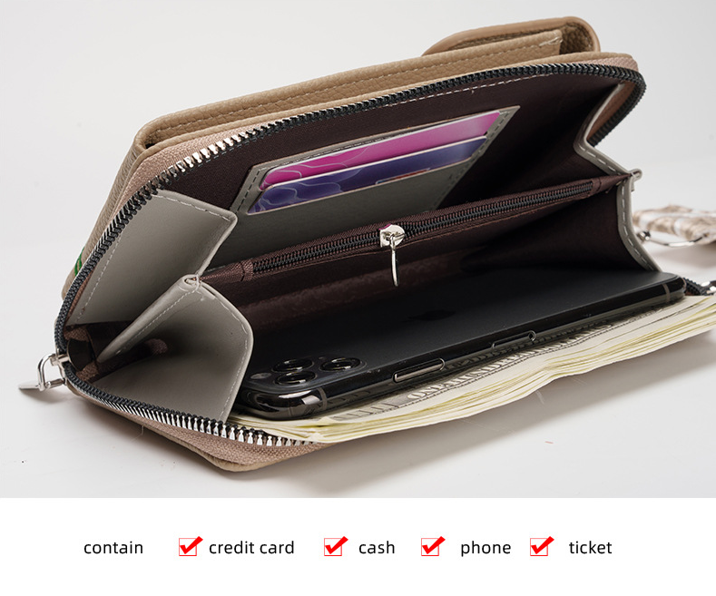 Brown Chic Floral Embroidered 2-in-1 Crossbody Phone Bag with Coin Purse