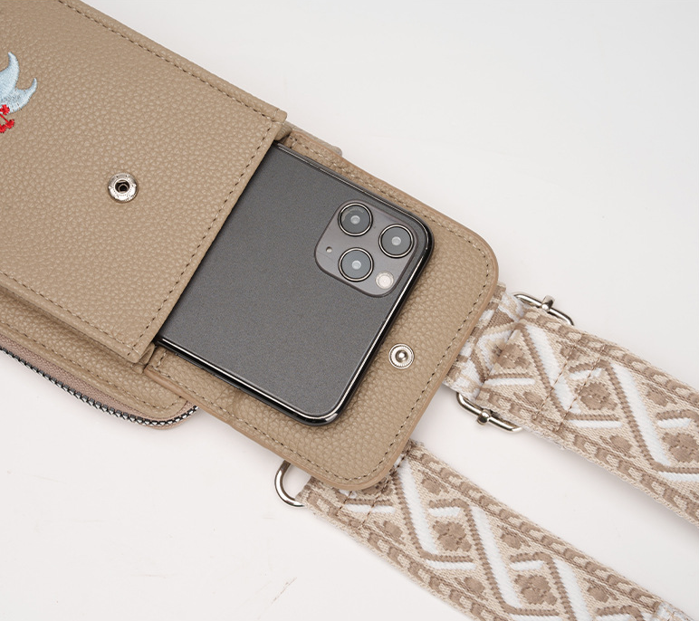 Beige Chic Floral Embroidered 2-in-1 Crossbody Phone Bag with Coin Purse