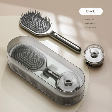 Black Premium Self-Cleaning Hair Brush Set with Stand - Anti-Static Detangling &amp; Scalp Massage Paddle Brush