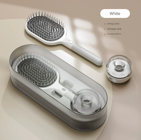 White Premium Self-Cleaning Hair Brush Set with Stand - Anti-Static Detangling &amp; Scalp Massage Paddle Brush