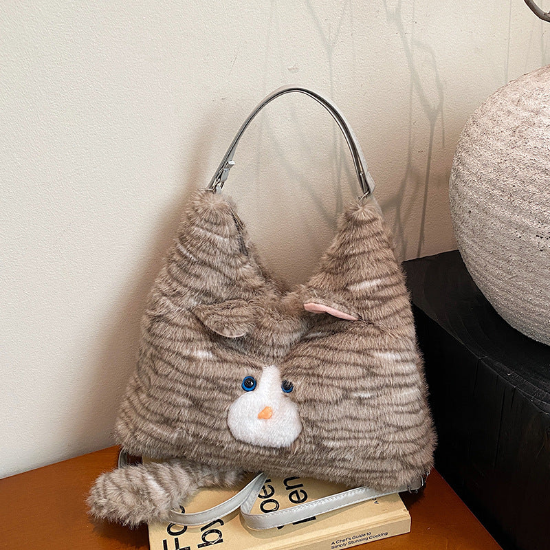 Grey Adorable Fluffy Cat Shoulder Bag - Cute Plush Kitten Novelty Handbag for Girls &amp; Women