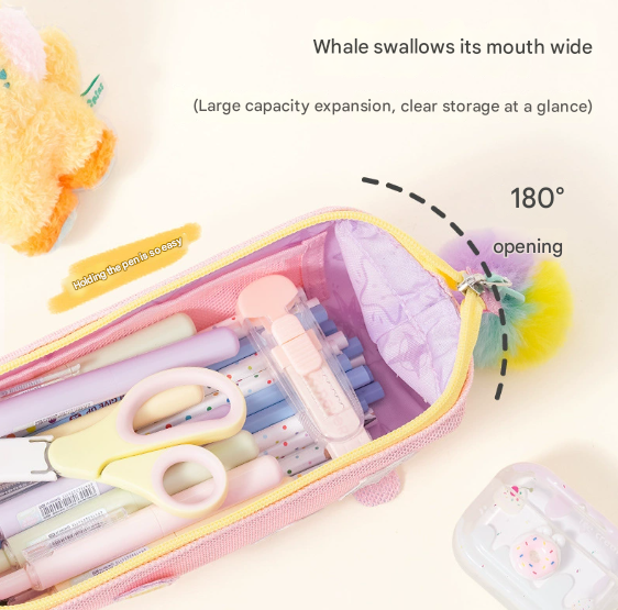 Pink Cute Cat Pencil Case for Girls - Large Capacity Sparkly Stationery Pouch with Fluffy Pom Pom