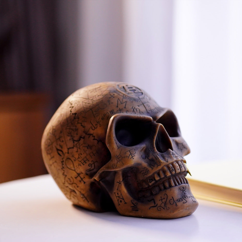 Mystic Runic Skull Statue with Gold Fang - Hand-Painted Resin Figurine for Gothic & Halloween Decor