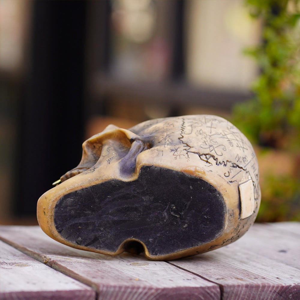 Mystic Runic Skull Statue with Gold Fang - Hand-Painted Resin Figurine for Gothic & Halloween Decor