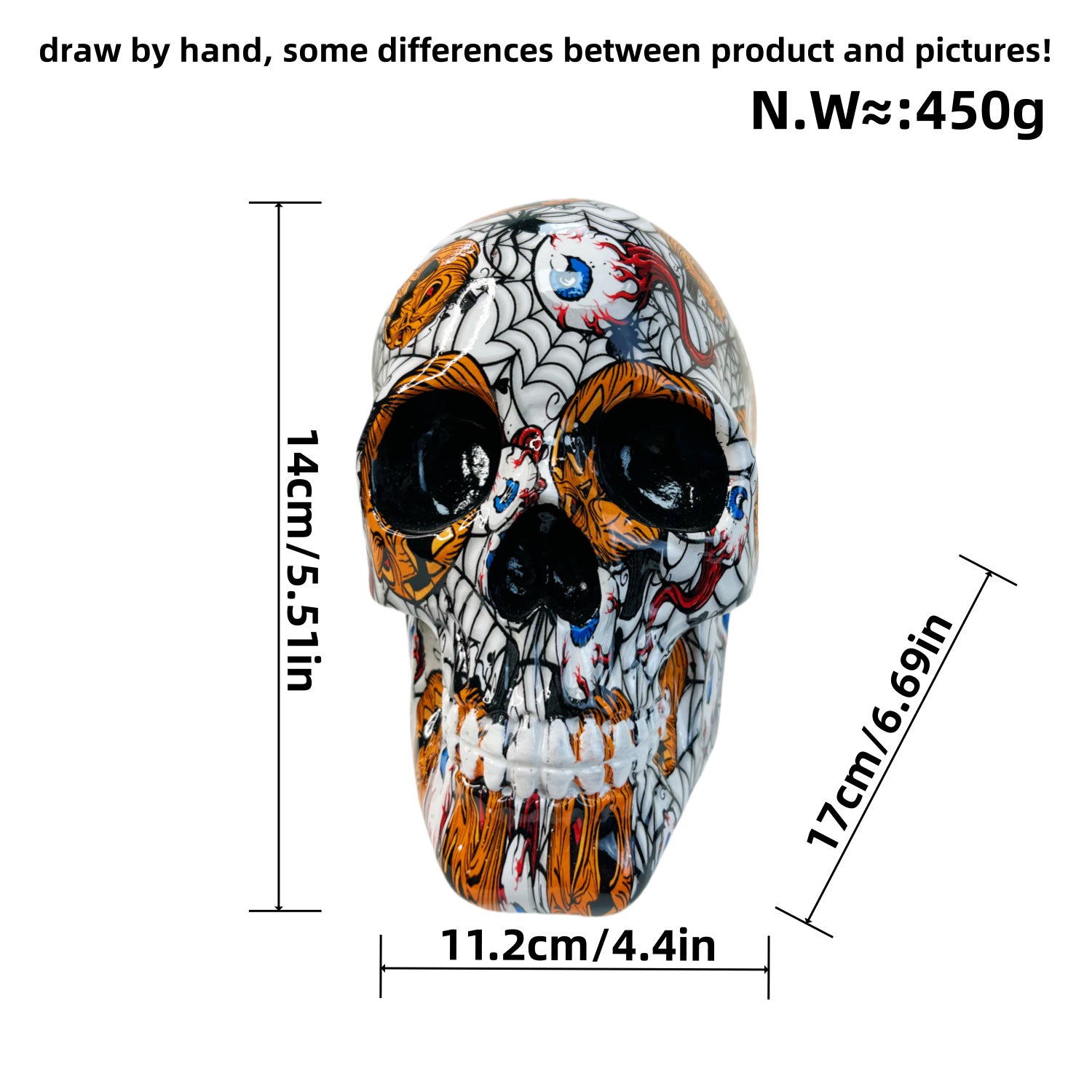 Big Yellow Colorful Floral Skull Statue - Intricate Day of the Dead Style Resin Figurine for Halloween & Home Decor