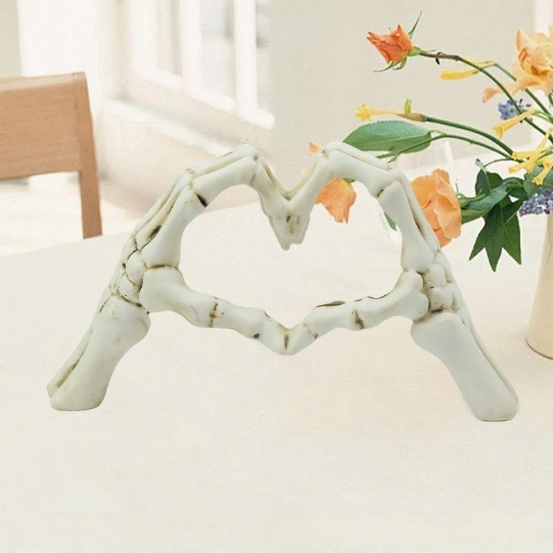White Gothic Skeleton Hands Heart Sculpture - Macabre Love Figurine for Home &amp; Halloween Decor