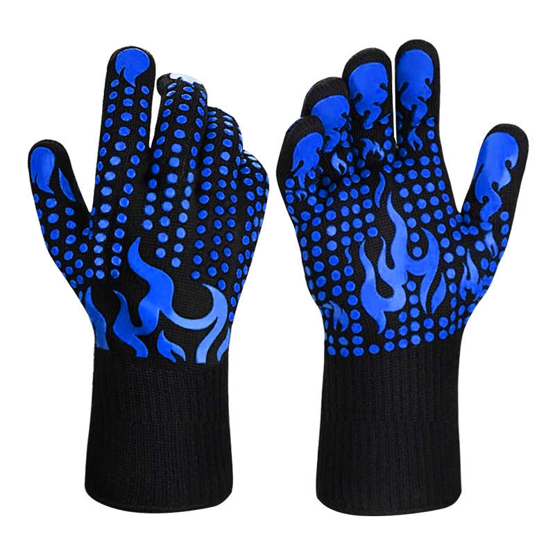 Blue a Pair Of Extreme Heat Resistant BBQ Gloves (500°C) - Aramid Fiber with Non-Slip Silicone Grip for Grilling &amp; Oven Use