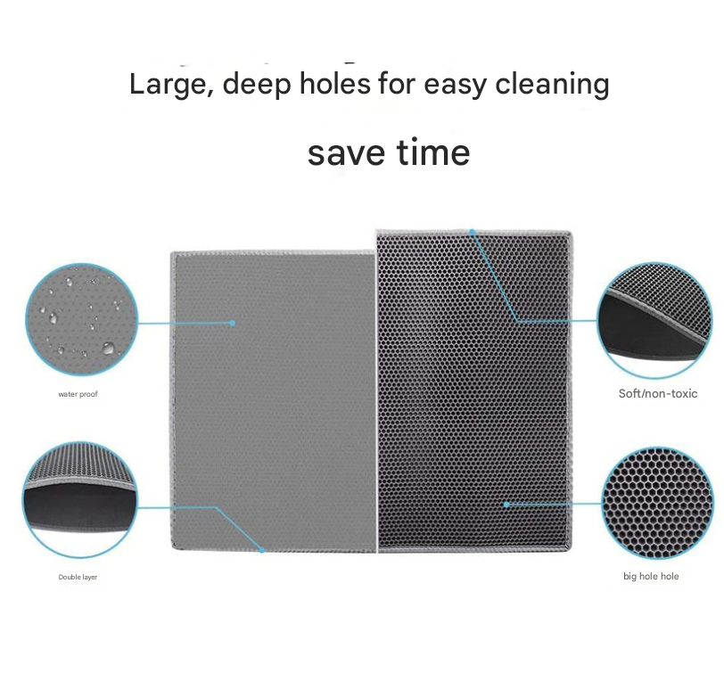 Grey Large Double-Layer Cat Litter Trapping Mat - Waterproof EVA Honeycomb Design for Scatter Control (45cm x 60cm)