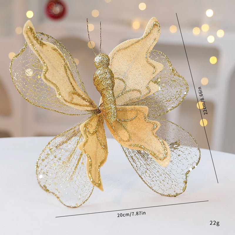Gold Large Glitter Butterfly Christmas Ornaments (Set of 2) - Clip-On Decorations for Trees &amp; Wreaths