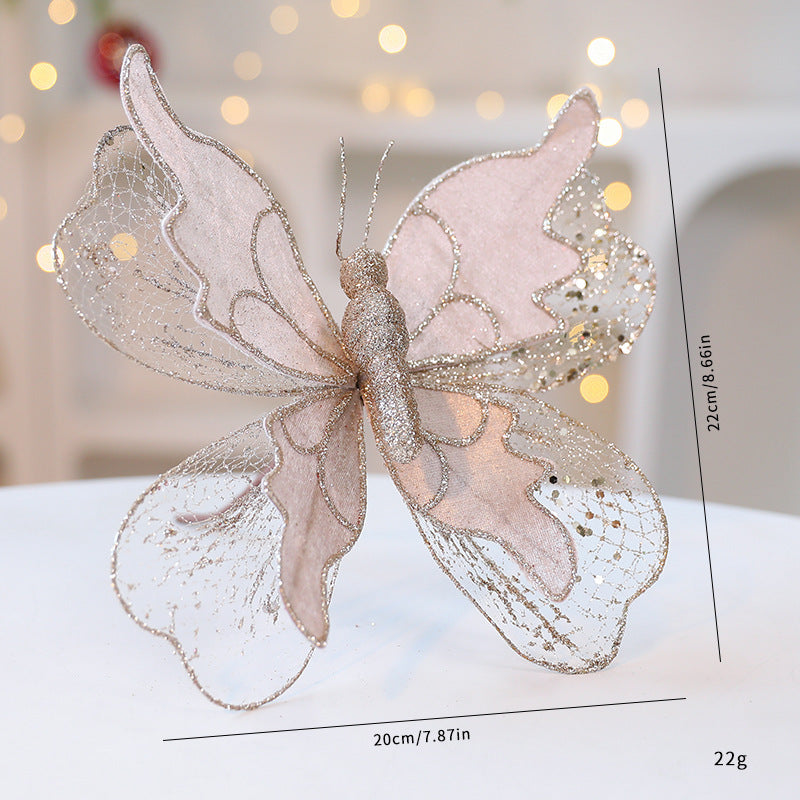 Champagne Gold Large Glitter Butterfly Christmas Ornaments (Set of 2) - Clip-On Decorations for Trees &amp; Wreaths