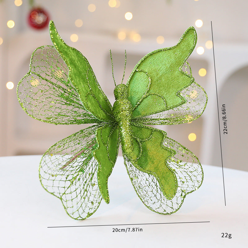 Green Large Glitter Butterfly Christmas Ornaments (Set of 2) - Clip-On Decorations for Trees &amp; Wreaths
