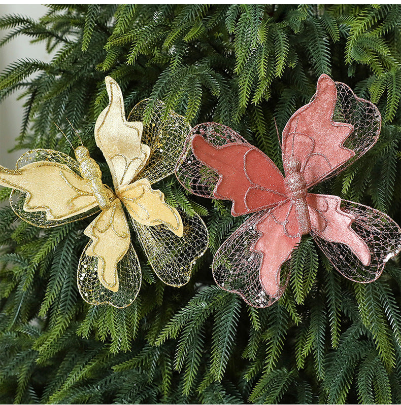 White Large Glitter Butterfly Christmas Ornaments (Set of 2) - Clip-On Decorations for Trees & Wreaths