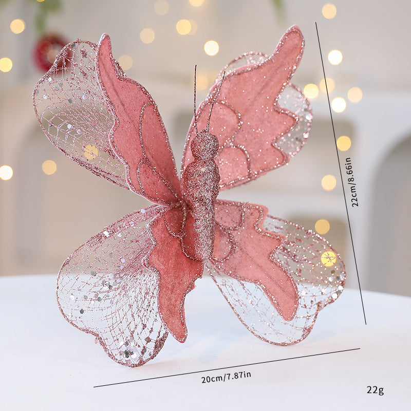 Rose Gold Large Glitter Butterfly Christmas Ornaments (Set of 2) - Clip-On Decorations for Trees &amp; Wreaths