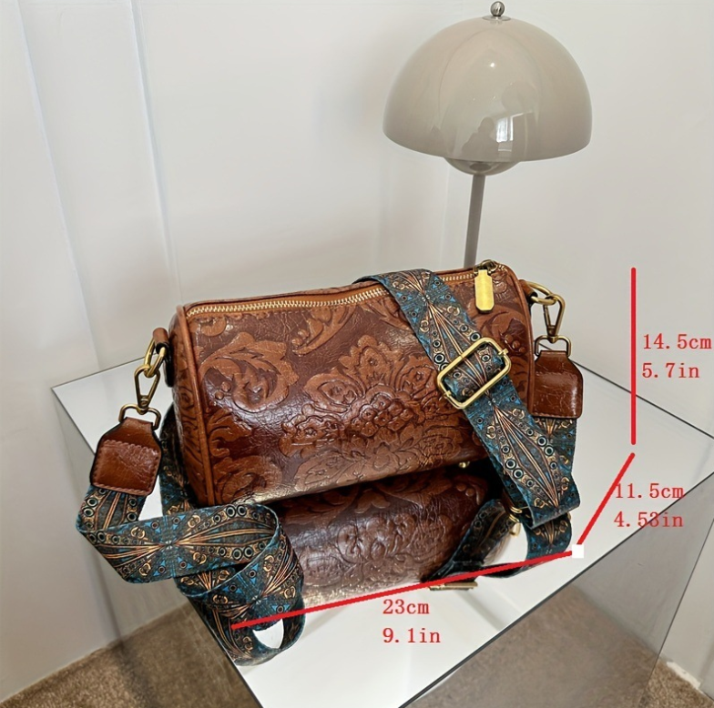 Brown Vintage Embossed Crossbody Barrel Bag with Wide Adjustable Guitar Strap