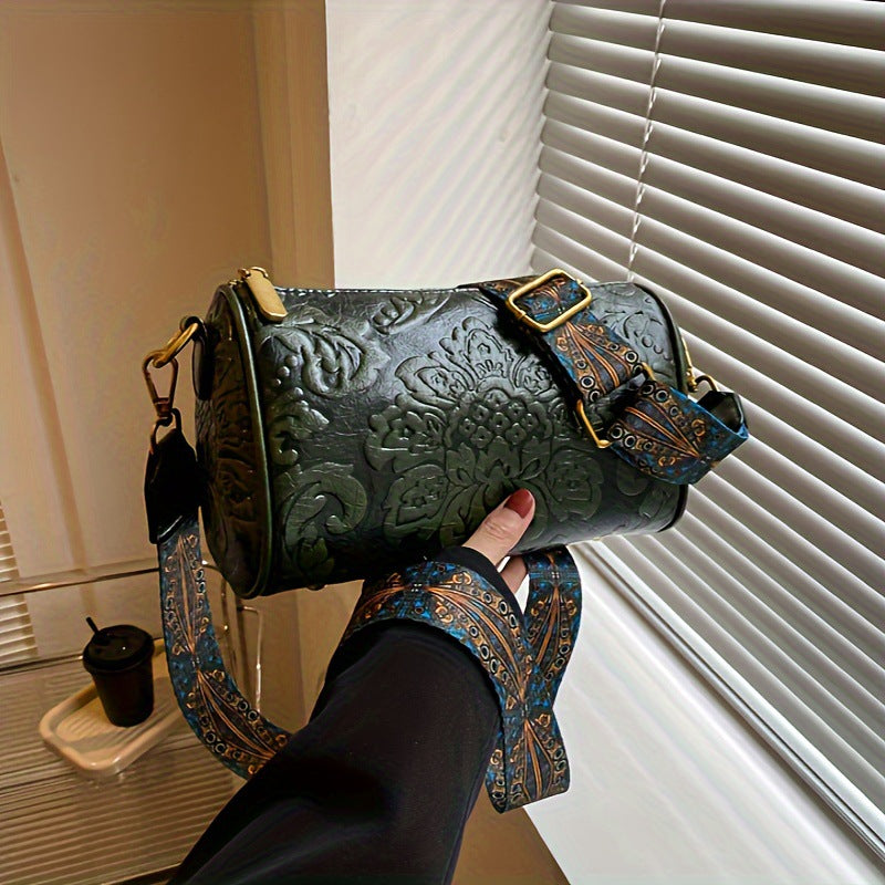 Green Vintage Embossed Crossbody Barrel Bag with Wide Adjustable Guitar Strap