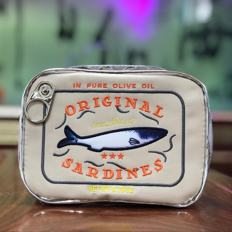 Beige Quirky Sardine Tin Novelty Clutch - Fun PU Leather Makeup &amp; Accessory Pouch