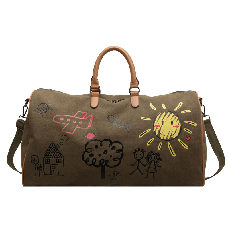 Green-coffee Large Capacity Graffiti Travel Duffel Bag - Canvas Weekender with Wet/Dry Pocket &amp; Shoe Compartment