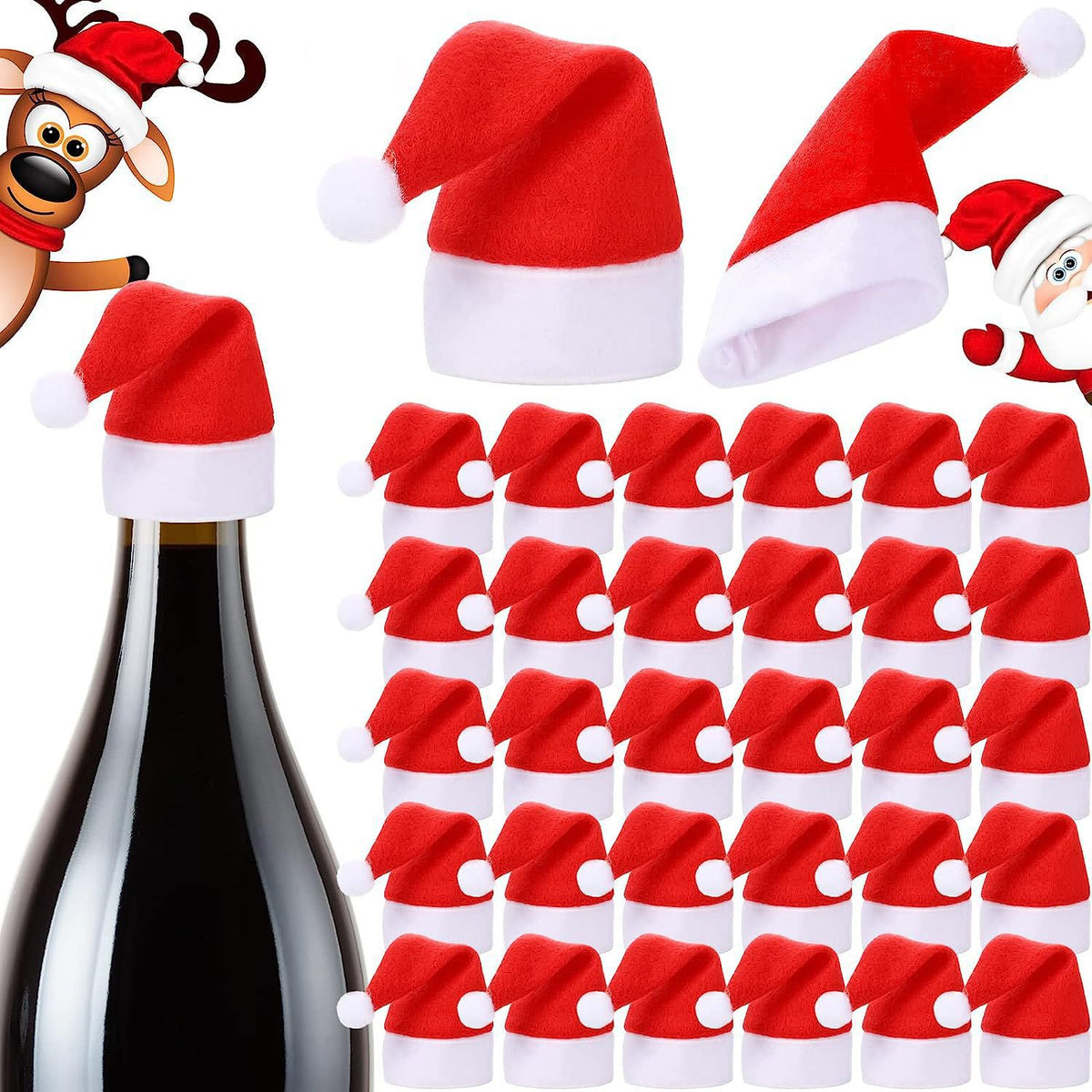Mini Santa Hat Cutlery Holders (100-Pack) - Festive Christmas Wine Bottle Toppers &amp; Table Decorations