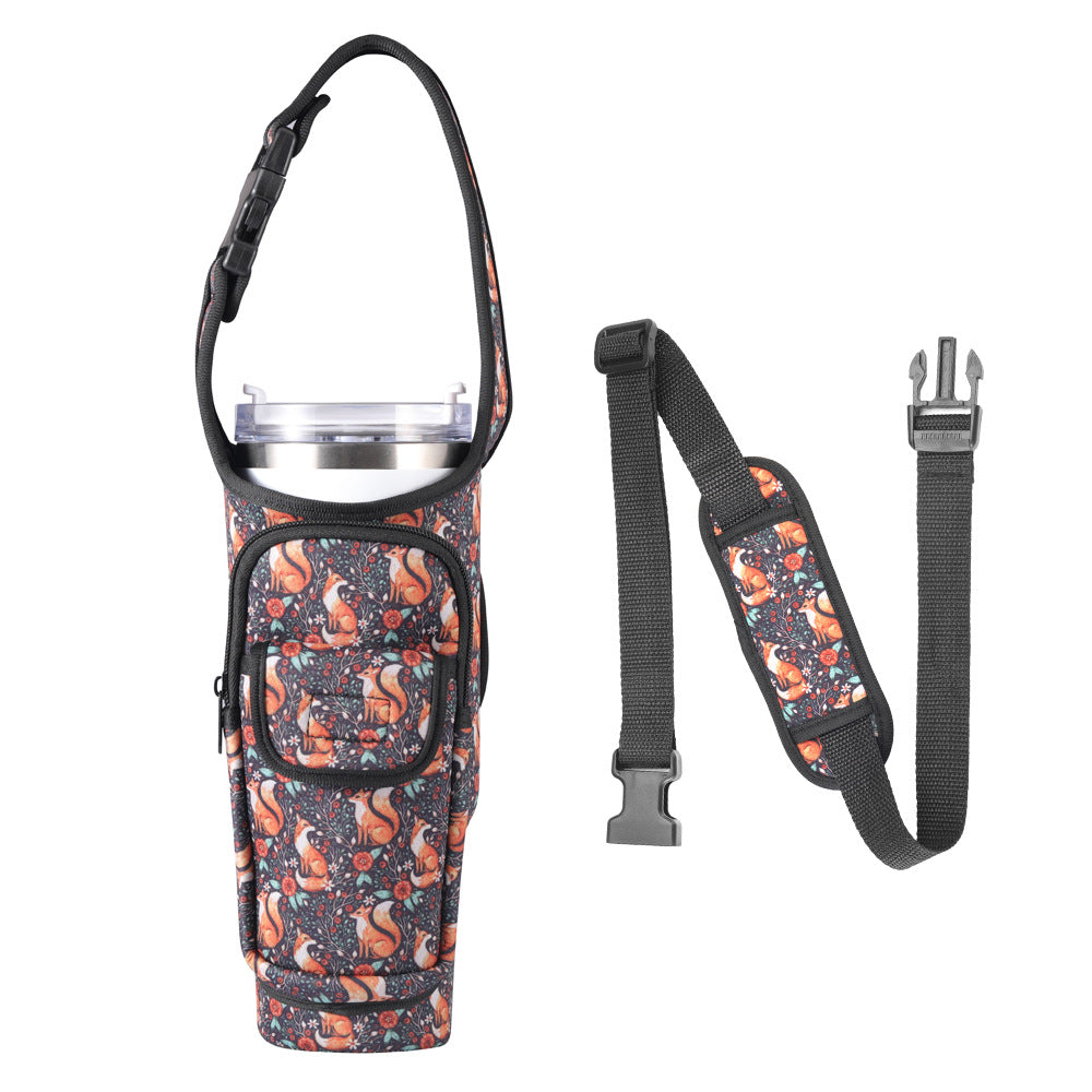 Whimsical Fox Print Insulated Tumbler Carrier Pouch with Adjustable Strap &amp; Pocket