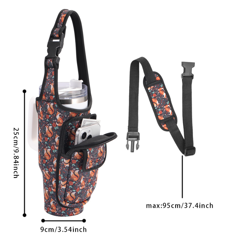 Whimsical Fox Print Insulated Tumbler Carrier Pouch with Adjustable Strap & Pocket