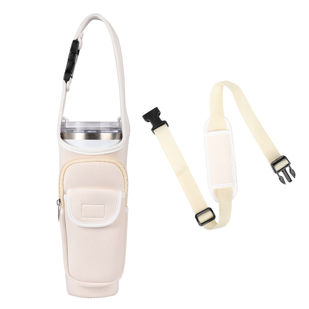 White Insulated Tumbler Carrier Pouch with Adjustable Strap &amp; Pocket