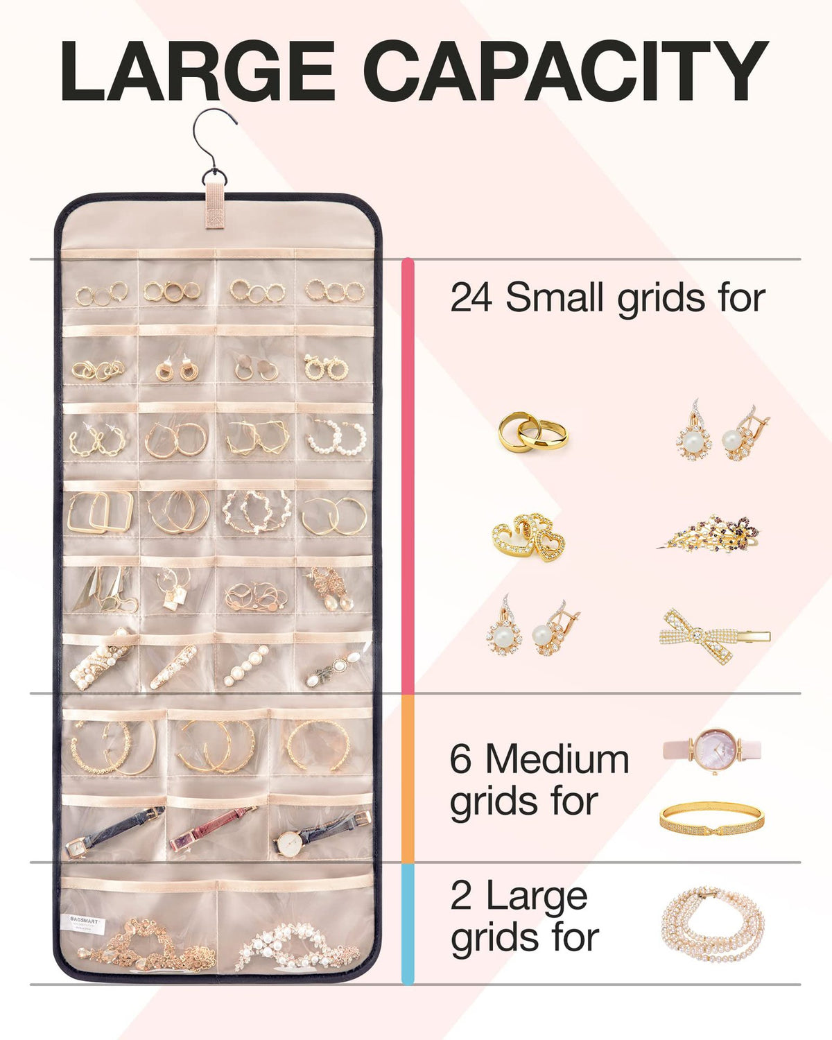 Black Hanging Jewelry Organizer - Closet Storage for Necklaces, Earrings, and Rings with Clear Pockets(14*33inch)